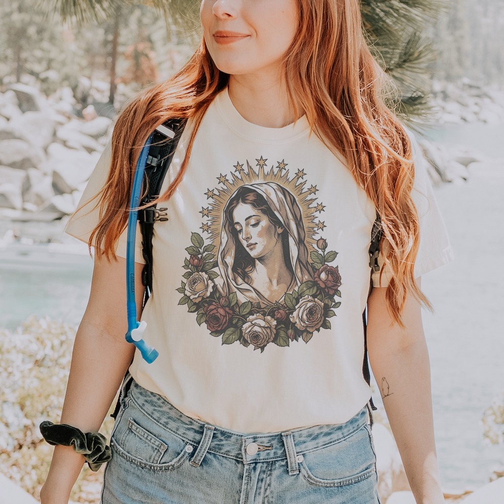 Veiled Madonna Gazing Down in a Rose Garland Tee